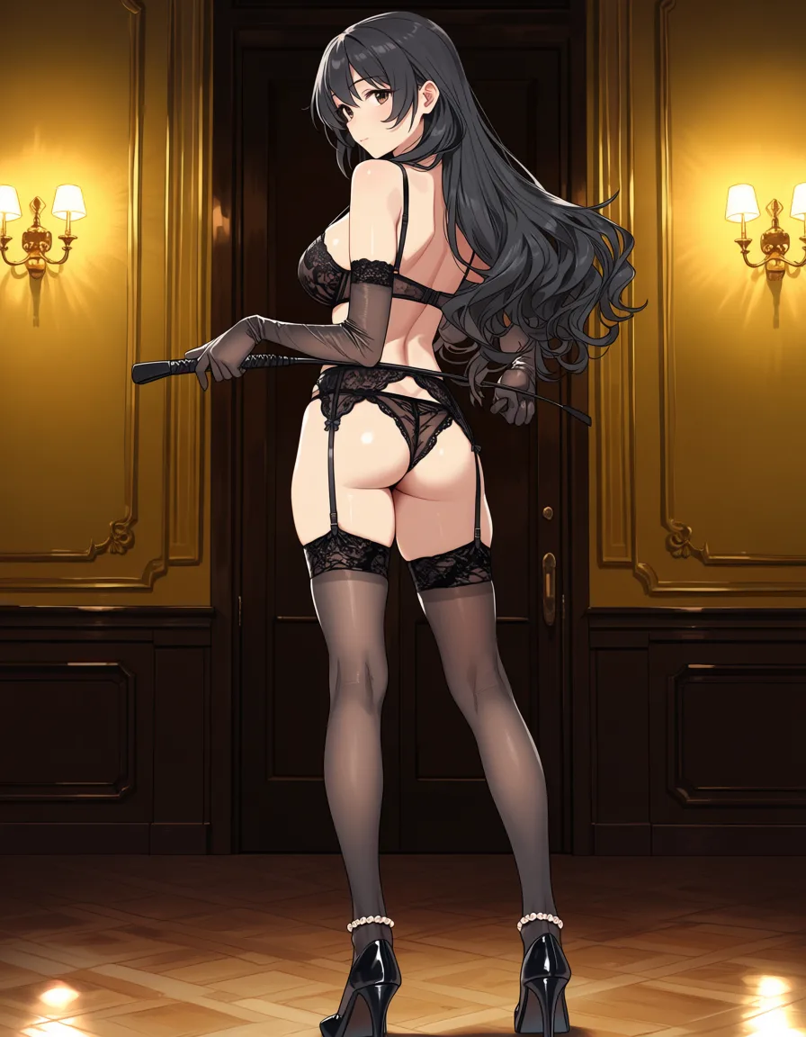 masterpiece, best quality, score_7, newest, anime screenshot, official art, 1girl, Anime style. Atago standing with her back to the viewer, looking slightly over her shoulder with a calm confident expression. She has long black wavy hair cascading down her back. She wears elegant black lace lingerie: a delicate black lace bra, matching black lace garter belt with straps, black lace panties, sheer black thigh-high stockings, and long black lace opera gloves. She holds a black leather riding crop behind her back with both hands. Black high heels with pearl ankle straps. Dimly lit elegant room with dark wood paneling, warm yellow walls and soft dramatic lighting. Highly detailed anime art, glossy skin, sensual atmosphere, full body view from behind., atago (kancolle), (flat color:1.3), hard cel shading, thin crisp lineart, high key daylight, vivid primary palette, bright clean background