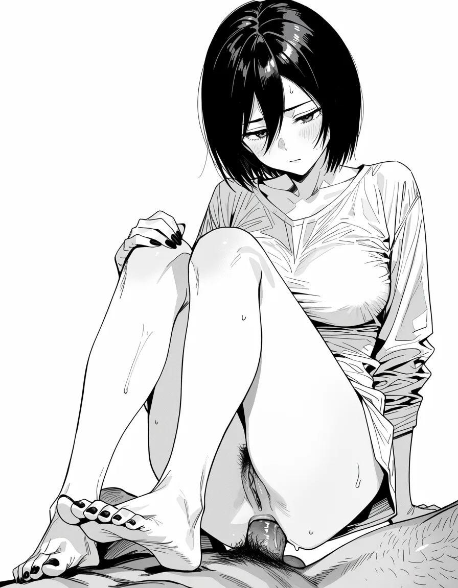 masterpiece, best quality, score_7, newest, manga, monochrome, greyscale, 1woman, mikasa ackerman , naked_shirt ,large_breasts , black_nails , barefoot ,mature_female , pubic_hair , anal , sex_from_behind , from_behind ,, (monochrome:1.7), (greyscale:1.7), screentone, halftone dots, ink hatching, bold black spotting, white background