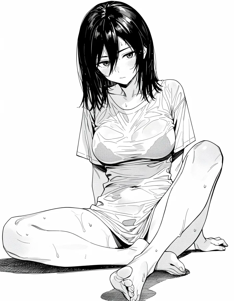 masterpiece, best quality, score_7, newest, manga, monochrome, greyscale, 1woman, mikasa ackerman , naked_shirt ,large_breasts , foot_focus , barefoot ,mature_female , wet, (monochrome:1.7), (greyscale:1.7), screentone, halftone dots, ink hatching, bold black spotting, white background