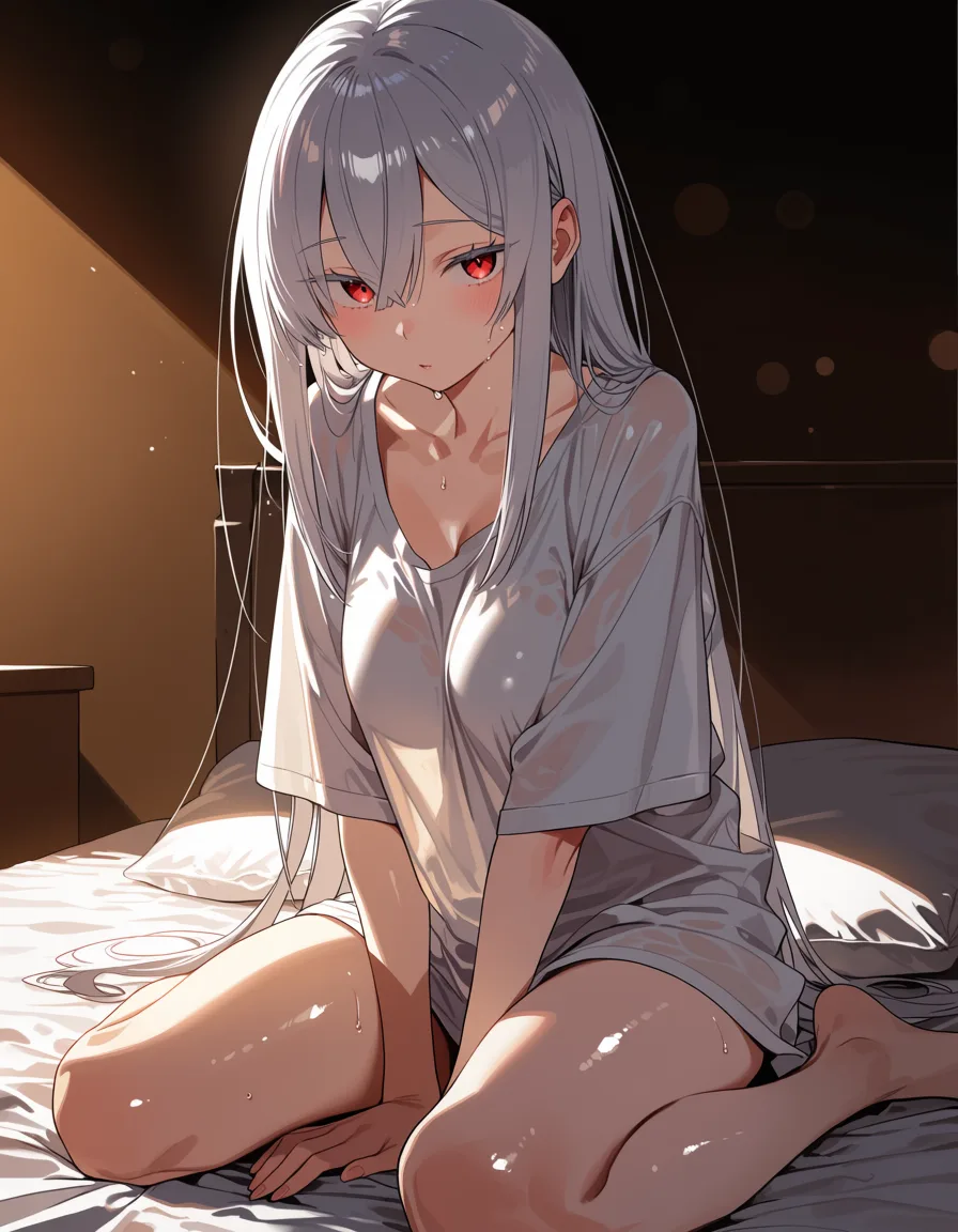 masterpiece, best quality, score_7, newest, highres, absurdres, anime coloring, 1girl, silver hair, red eyes, oversized shirt, sitting on the end of the bed, morning light, rem (re:zero), glossy shiny skin, wet highlights, (dim warm lighting:1.2), dramatic rim light, deep shadows, dark bokeh background, sensual mood