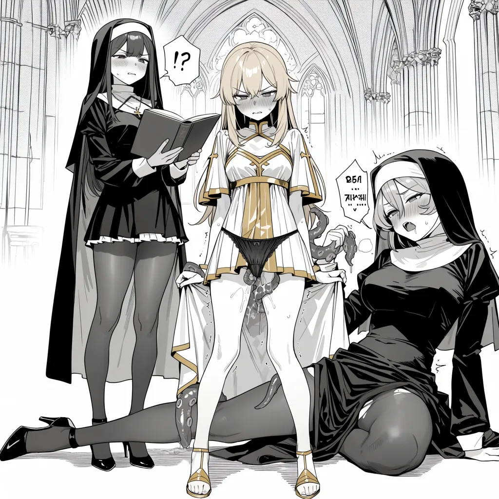masterpiece, best quality, score_7, newest, manga, monochrome, greyscale, hentai, uncensored, explicit, exactly 3girls, adult women, mature faces, no futanari,gothic cathedral interior,18-year-old blonde nun Celia in white and gold nun outfit, short skirt, white stockings, white high-heeled sandals, sitting firmly on Agnes, one leg on each side, pinning her arms, mixed disgust and pleasure expression, flushed,succubus Agnes, dark hair, lying on her back, licking Celia's pussy,25-year-old dark-haired nun Formi in black and gold nun outfit with cloak, black stockings, black high heels, standing and reading the spell book, wearing black panties that have become living clothes, the living panties moving and rubbing against her pussy, fabric slightly shifted but still present, tentacle-like movements under the panties, heavy blush, angry expression, struggling to concentrate,fluids, sweat, blush, high detail, digital anime style, Russian speech bubbles, living panties, (monochrome:1.7), (greyscale:1.7), screentone, halftone dots, ink hatching, bold black spotting, white background