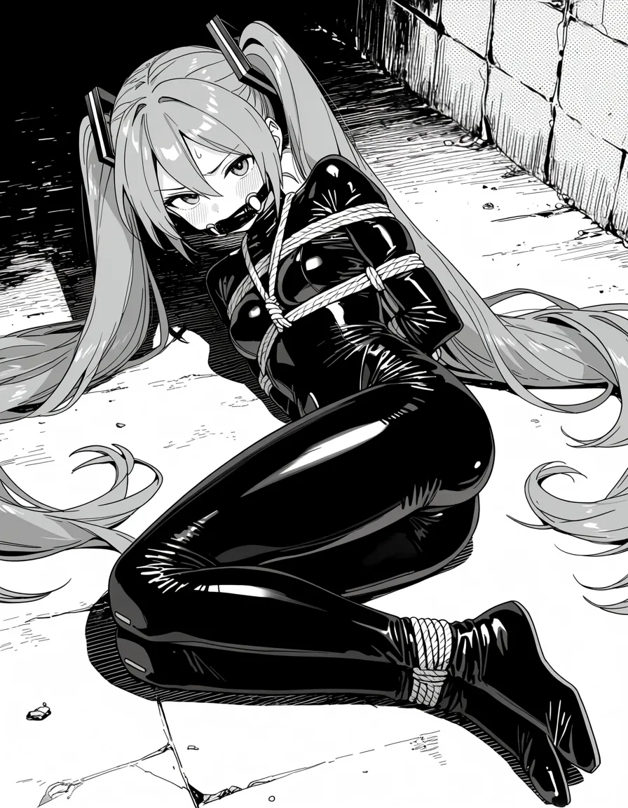 masterpiece, best quality, score_7, newest, manga, monochrome, greyscale, 1girl, hatsune miku Latex skinsuit, gagged, basement, on_side, shibari, bondage, (monochrome:1.7), (greyscale:1.7), screentone, halftone dots, ink hatching, bold black spotting, white background
