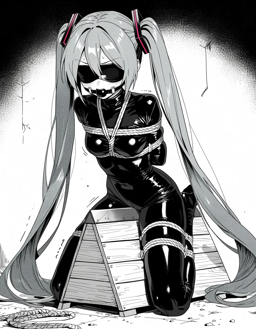 masterpiece, best quality, score_7, newest, manga, monochrome, greyscale, 1girl, hatsune miku Latex skinsuit, gagged, abandoned basement, wooden horse, shibari, bondage, no_shoes, struggling, sound_effects, (monochrome:1.7), (greyscale:1.7), screentone, halftone dots, ink hatching, bold black spotting, white background
