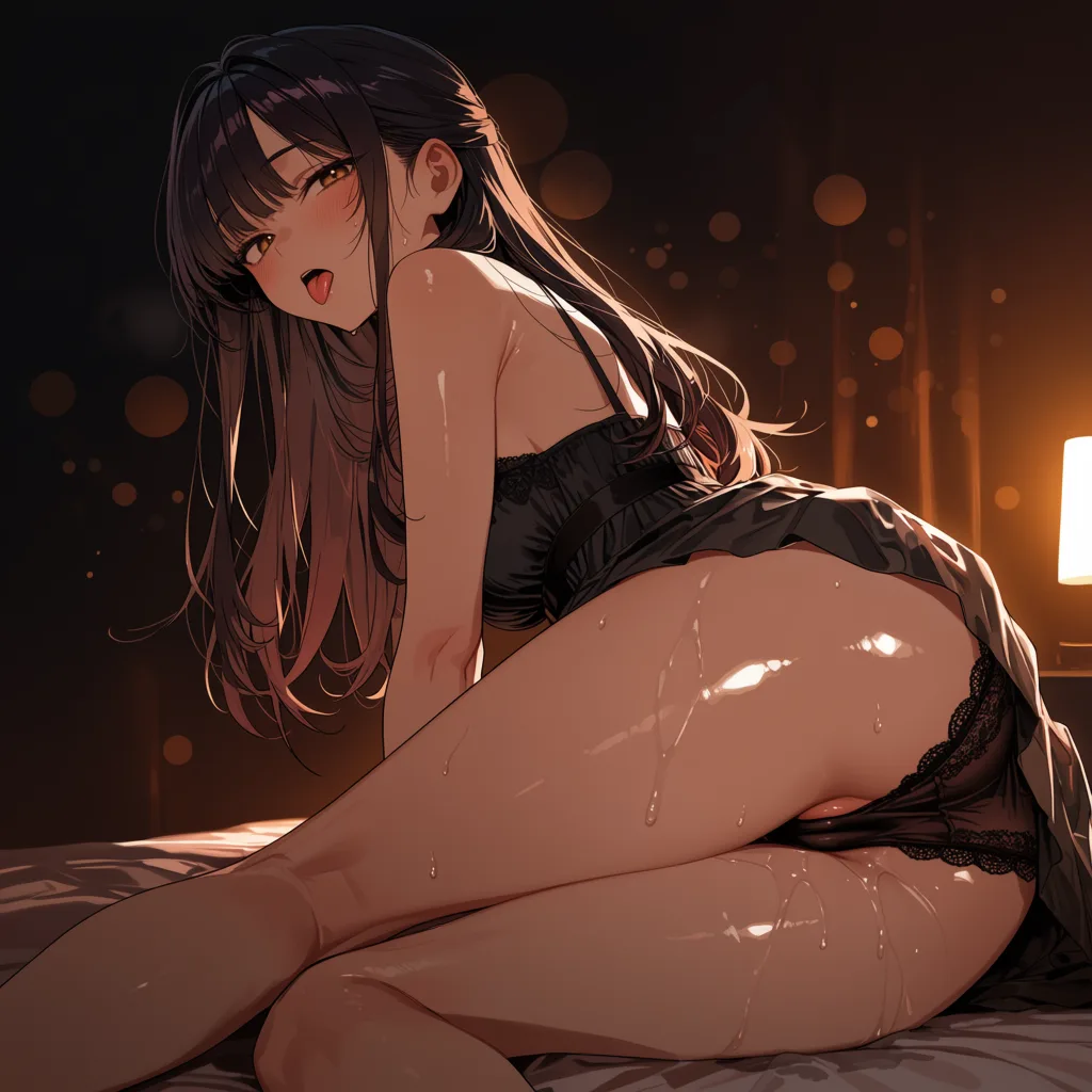 masterpiece, best quality, score_7, newest, highres, absurdres, anime coloring, tongue , panties_aside, lace-trimmed_panties ,heart-shaped_pupils , pussy_juice ., glossy shiny skin, wet highlights, (dim warm lighting:1.2), dramatic rim light, deep shadows, dark bokeh background, sensual mood