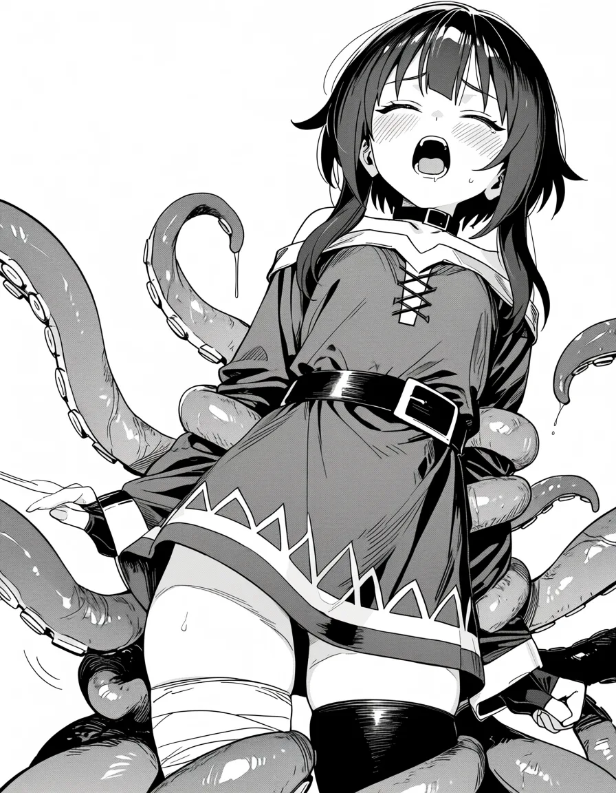 masterpiece, best quality, score_7, newest, manga, monochrome, greyscale, 1girl, megumin tentacles, restrained, double_penetration, moaning, (monochrome:1.7), (greyscale:1.7), screentone, halftone dots, ink hatching, bold black spotting, white background