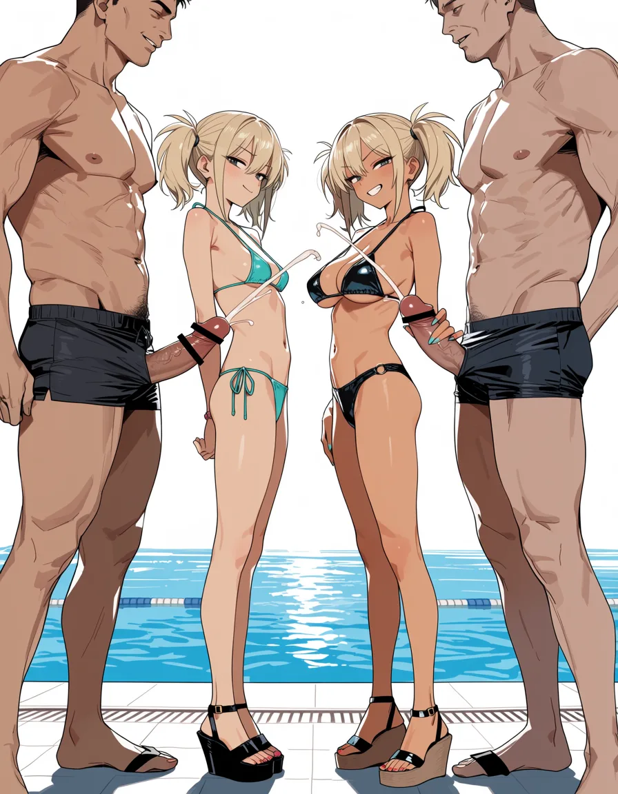 masterpiece, best quality, score_7, newest, anime screenshot, official art, Short and petite gyaru milf with blonde twin tails and saggy breasts wearing bikini and wedge strap high heel sandals standing by the pool with a seductive smile next to two tall men with large cocks giving twin handjob, ejaculation, (flat color:1.3), hard cel shading, thin crisp lineart, high key daylight, vivid primary palette, bright clean background