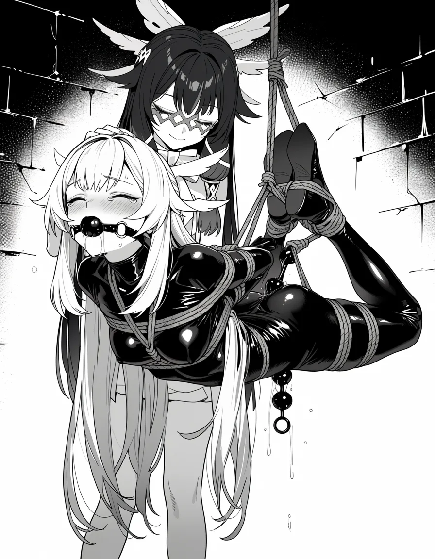 masterpiece, best quality, score_7, newest, manga, monochrome, greyscale, 2girls, columbina (genshin impact), closed_eyes, latex skinsuit, no_shoes, bondage, shibari, gagged, suspension, basement, indoors, anal beads in ass, vibrator, moaning, tears, Sandrone (genshin impact), smiling at another, stroking columbina's head,, (monochrome:1.7), (greyscale:1.7), screentone, halftone dots, ink hatching, bold black spotting, white background