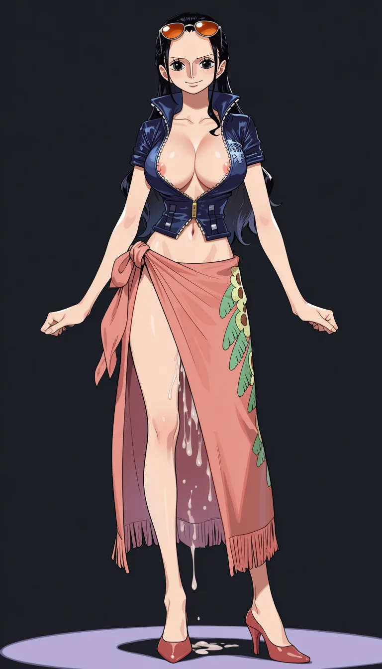 masterpiece, best quality, score_7, newest, webtoon, manhwa, digital coloring, Nico Robin, (One Piece style:1.7), full_body in frame, beautiful smile, standing, sexy pose, front view, light lighting, (black background:1.7), a long coral-pink/salmon wrap skirt or sarong tied around her waist with a decorative green and yellow floral patterns along one side and a fringed/tassel-like hem, the edge of the wrap skirt opening is turned up and held in place by a small pin to fully expose her naked pussy dripping with sperm, a fitted dark-blue short-sleeved jacket with a high collar and the sleeves slightly rolled at the edges fully letting the breasts out, naked breasts and nipples fully out of jacket, naked pussy exposed through front opening, orange tinted sunglasses on top of head, Red-coral high-heeled pumps with pointed toes, massive amount of sperm dripping from pussy, clean vector lineart, soft gradient cel shading, pastel palette, gentle ambient light, minimal background