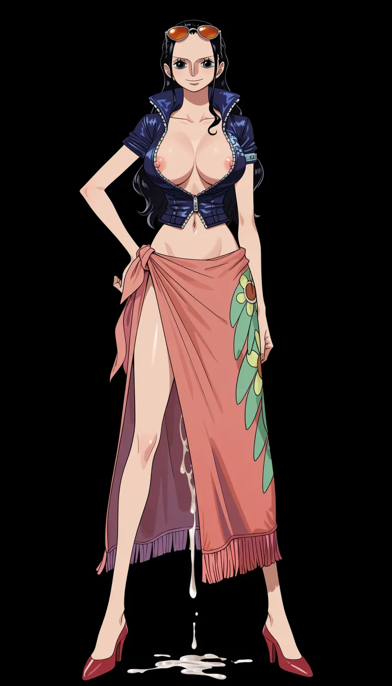 masterpiece, best quality, score_7, newest, anime screenshot, official art, Nico Robin, (One Piece style:1.7), full body in frame, beautiful smile, standing, sexy pose, front view, soft lighting, (black background:1.7), a long coral-pink/salmon wrap skirt or sarong tied around her waist with a decorative green and yellow floral patterns along one side and a fringed/tassel-like hem, the middle of the wrap skirt is tuned and held up by a small pin to fully expose her naked pussy dripping with sperm, a fitted dark-blue short-sleeved jacket with a high collar and the sleeves slightly rolled at the edges fully letting the breasts out, naked breasts and nipples fully out of jacket, naked pussy exposed through front opening, orange tinted sunglasses on top of head, Red-coral high-heeled pumps with pointed toes, massive amount of sperm dripping from pussy, (flat color:1.3), hard cel shading, thin crisp lineart, high key daylight, vivid primary palette, bright clean background