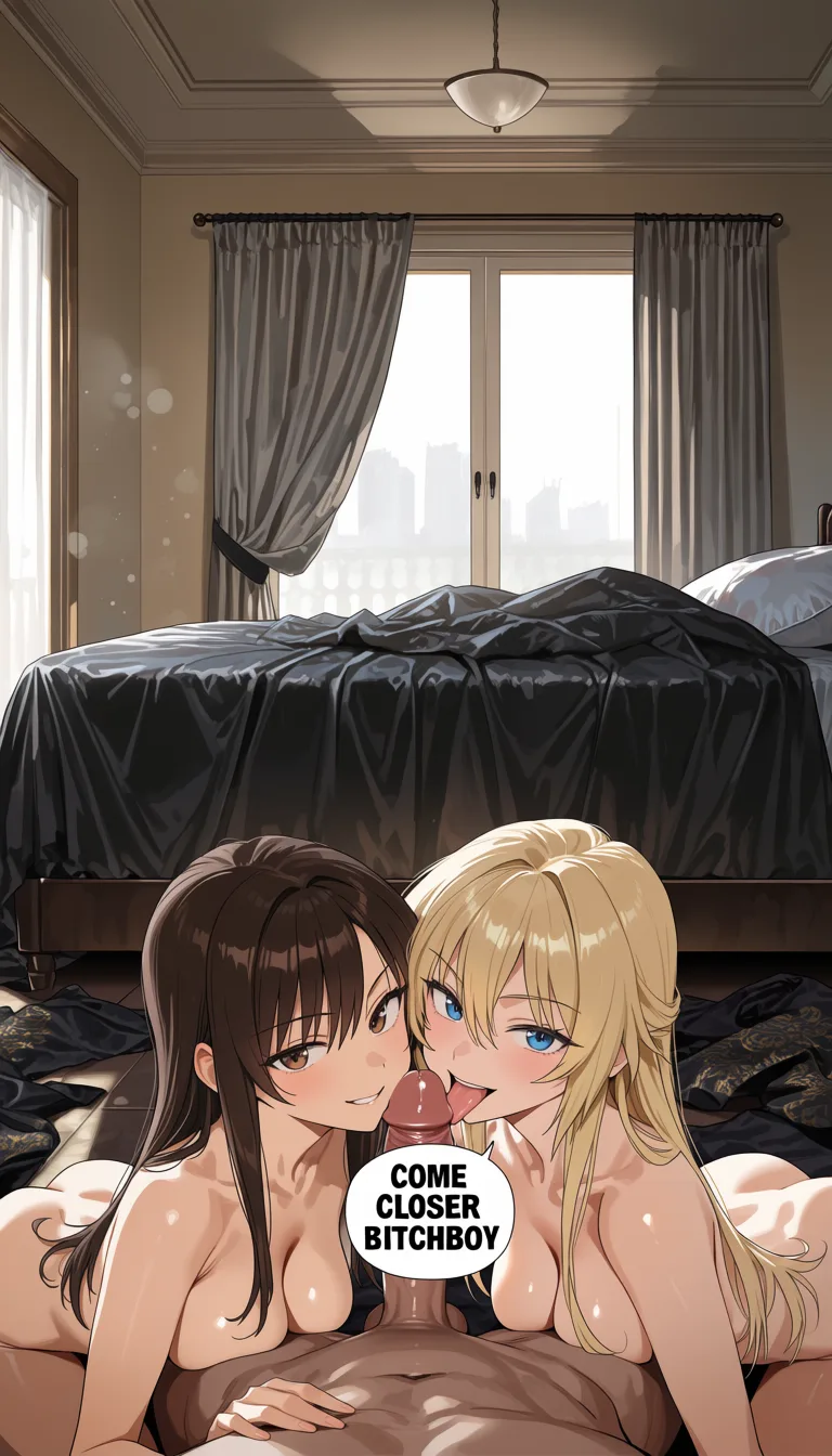 Blonde lick head of the cock and urethra with the tip of her tongue, smiling at viewer. Meanwhile Brunette look at the viewer, smirking with contempt, say "come closer, bitchboy ! I know you're craving to suck it !"