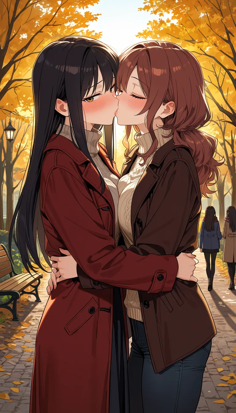 Passionate lesbian kissing, the two women are pressing their bodies close together and gently caressing each other, the women walking in the background turn around and notice the kissing and start quietly whispering to each other as they watch shyly, no zoom or camera change