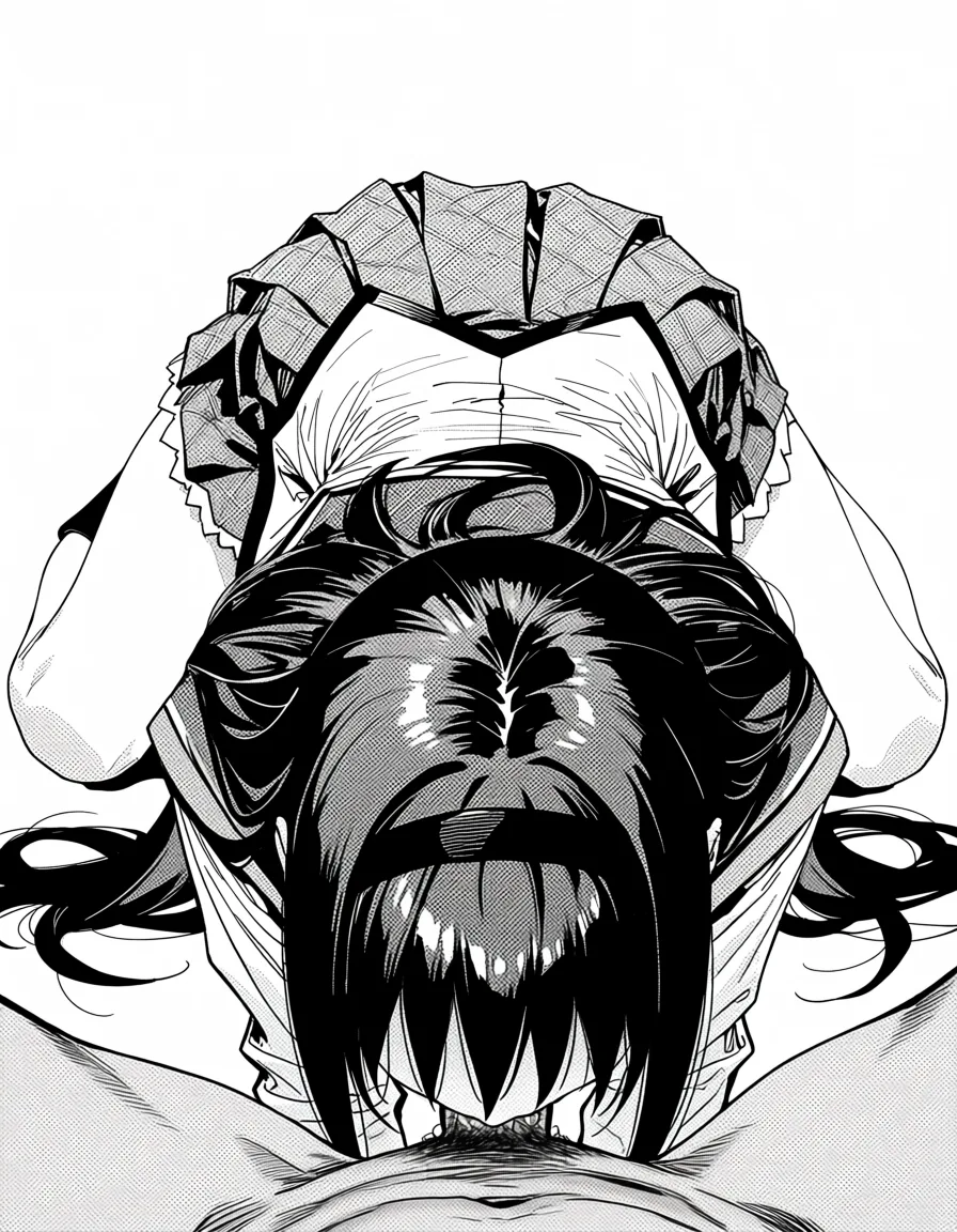 masterpiece, best quality, score_7, newest, manga, monochrome, greyscale, 1girl, giving deepthroat to a man with a huge penis. skinny, clothed_sex, bare legs, kneeling, akemi homura, lying, on_back, irrumatio, (monochrome:1.7), (greyscale:1.7), screentone, halftone dots, ink hatching, bold black spotting, white background