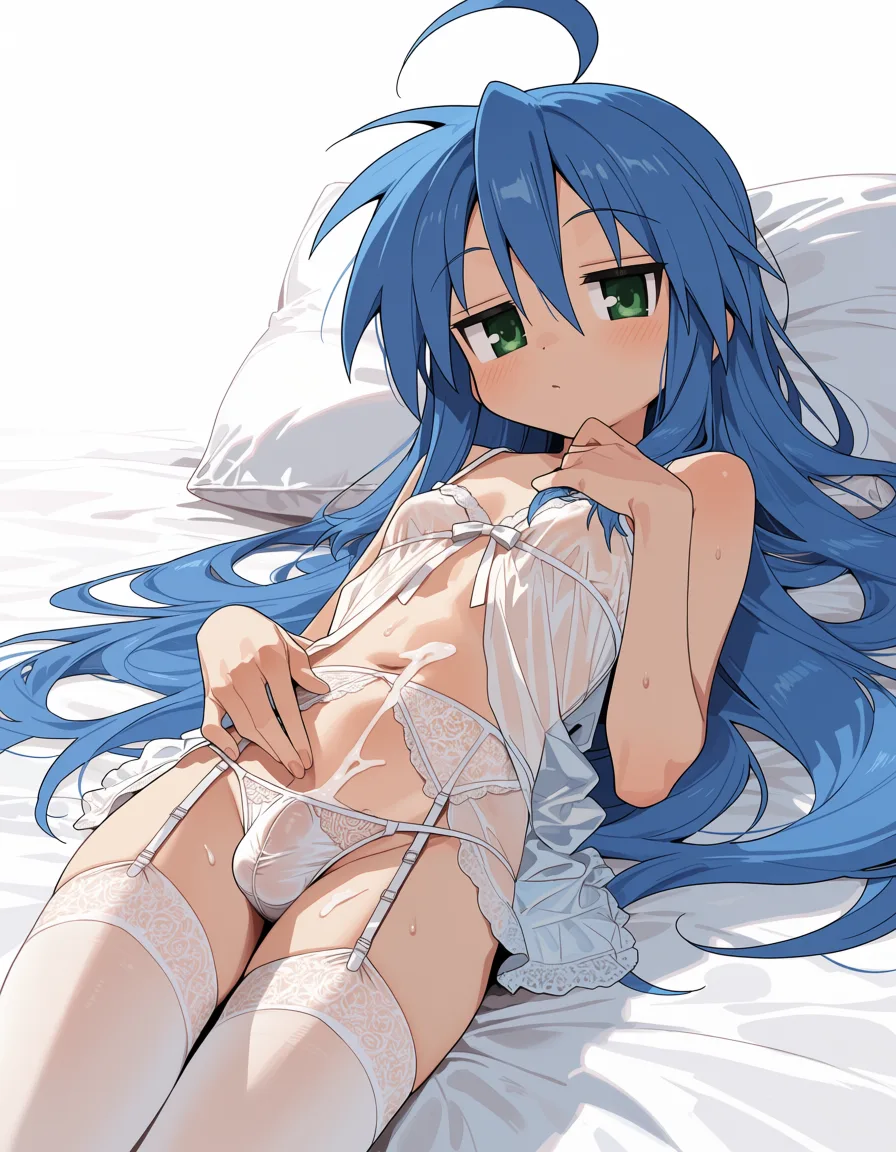 masterpiece, best quality, score_7, newest, webtoon, manhwa, digital coloring, 1girl, futanari, lingerie, thighhighs, lying, bed, cum_on_clothes, cum_on_body, small_breasts. izumi konata, clean vector lineart, soft gradient cel shading, pastel palette, gentle ambient light, minimal background