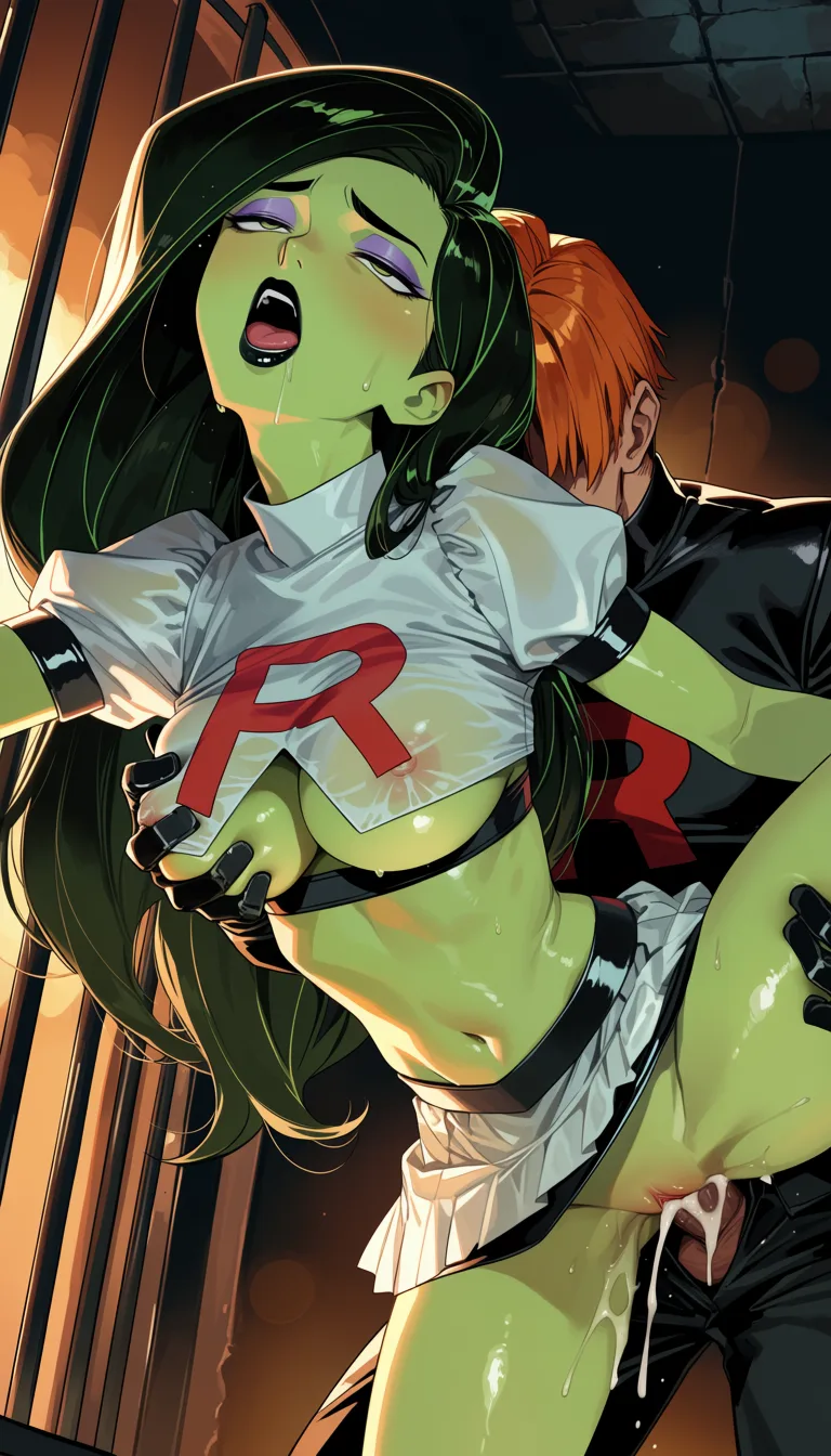 masterpiece, best quality, score_7, newest, highres, absurdres, anime coloring, Green skin Shego (Kim Possible) bright lights, fucked from behind by Ron Stoppable (Kim possible), cum inside, alternate_costume, see-through_clothes, revealing_clothes, white team rocket uniform, breasts_out, dutch_angle, grabbing_from_behind, leg lifted in jail cell, moaning, anal, both breasts grabbed, kissing neck, miniskirt, no underwear, doggystyle arched_back, open pussy, purple eyeshadow, black lipstick, tight_clothes, all_fours, maid, deepthroat fellatio 1, glossy shiny skin, wet highlights, (dim warm lighting:1.2), dramatic rim light, deep shadows, dark bokeh background, sensual mood