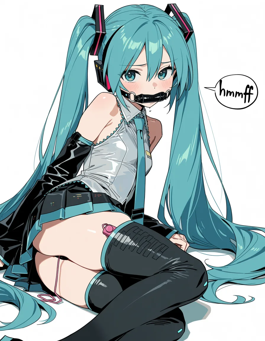 masterpiece, best quality, score_7, newest, anime screenshot, official art, 1girl, bdsm, gagged, vibrator, on on_floor, on_side, speech_bubble, she saying "hmmff" in speech_bubble, hatsune miku, (flat color:1.3), hard cel shading, thin crisp lineart, high key daylight, vivid primary palette, bright clean background