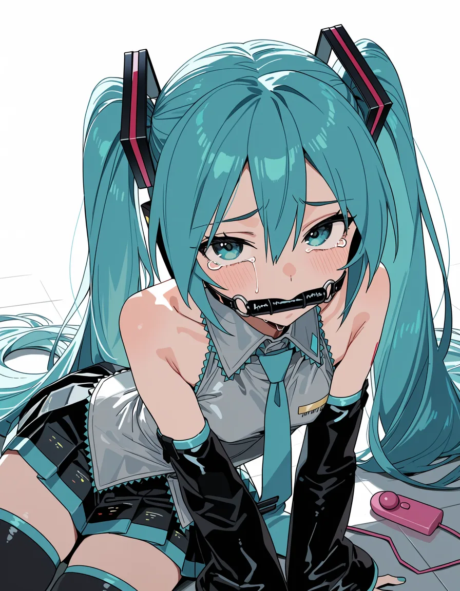 masterpiece, best quality, score_7, newest, anime screenshot, official art, 1girl, bdsm, gagged, tears, vibrator, on on_floor, on_side, speech_bubble, she saying "hmmff" in speech_bubble, hatsune miku, in basement, (flat color:1.3), hard cel shading, thin crisp lineart, high key daylight, vivid primary palette, bright clean background