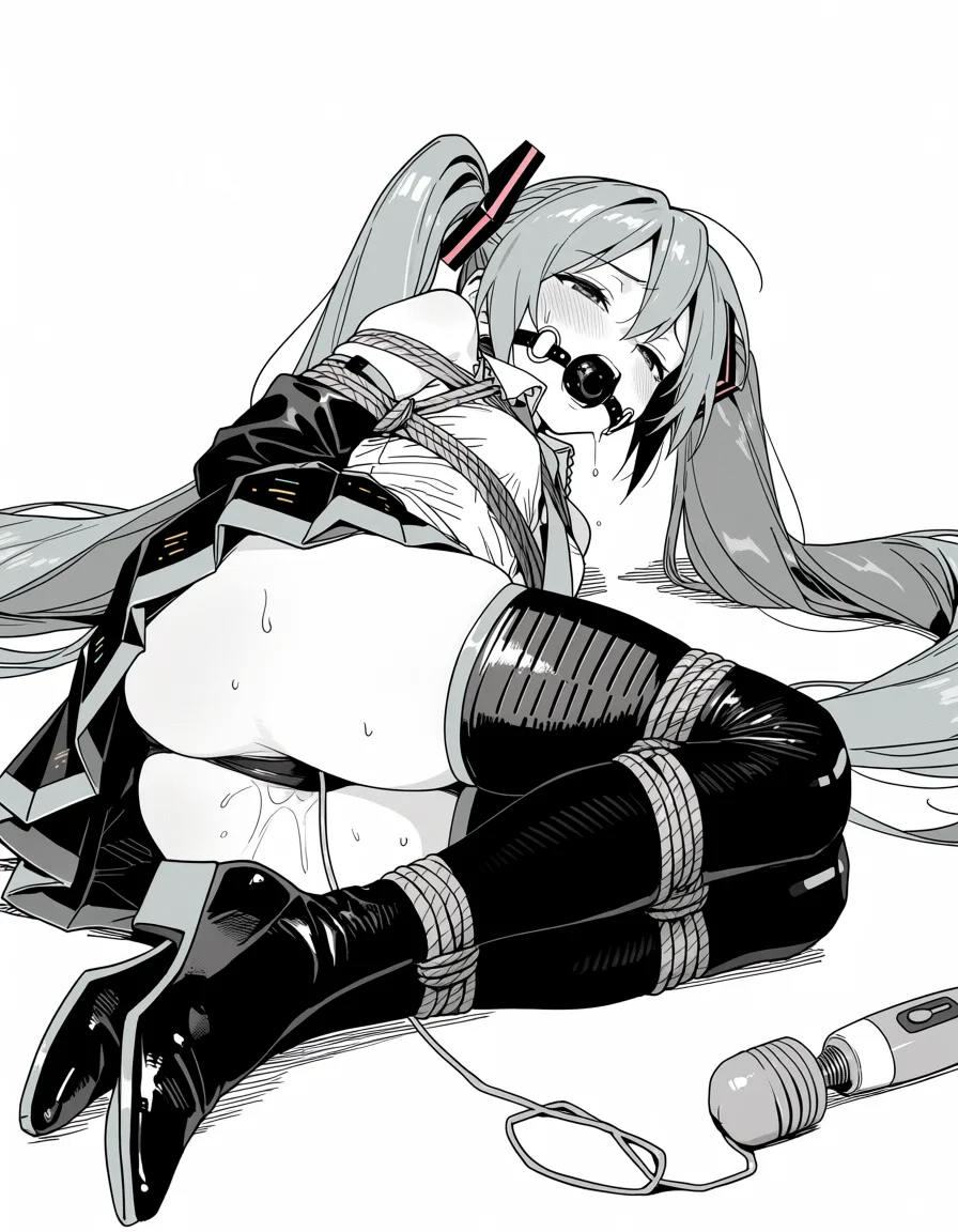 masterpiece, best quality, score_7, newest, manga, monochrome, greyscale, 1girl, bdsm, shibari, gagged, vibrator, on on_floor, on_side, speech_bubble, she saying "hmmff" in speech_bubble, hatsune miku, moaning, (monochrome:1.7), (greyscale:1.7), screentone, halftone dots, ink hatching, bold black spotting, white background
