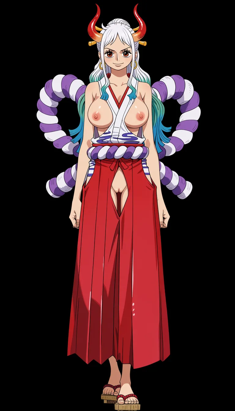 masterpiece, best quality, score_7, newest, anime screenshot, official art, Yamato, (One Piece style:1.7), (full body in frame:1.5), standing, confident sexy pose, (black background:1.5), long white hair with turquoise and light-blue tips, two red curved oni horns, gentle gaze and bright smile, long legs, white sleeveless Japanese-style top with a red neckline and the chest area completely cutout to let the full naked breasts and nipples out, (naked breasts and nipples fully visible and exposed:1.5), red hakama skirt with big crotch cutout fully exposing vagina, naked pussy fully visible and exposed through crotch cutout, purple rope belt around the waist, traditional wooden sandals, (flat color:1.3), hard cel shading, thin crisp lineart, high key daylight, vivid primary palette, bright clean background