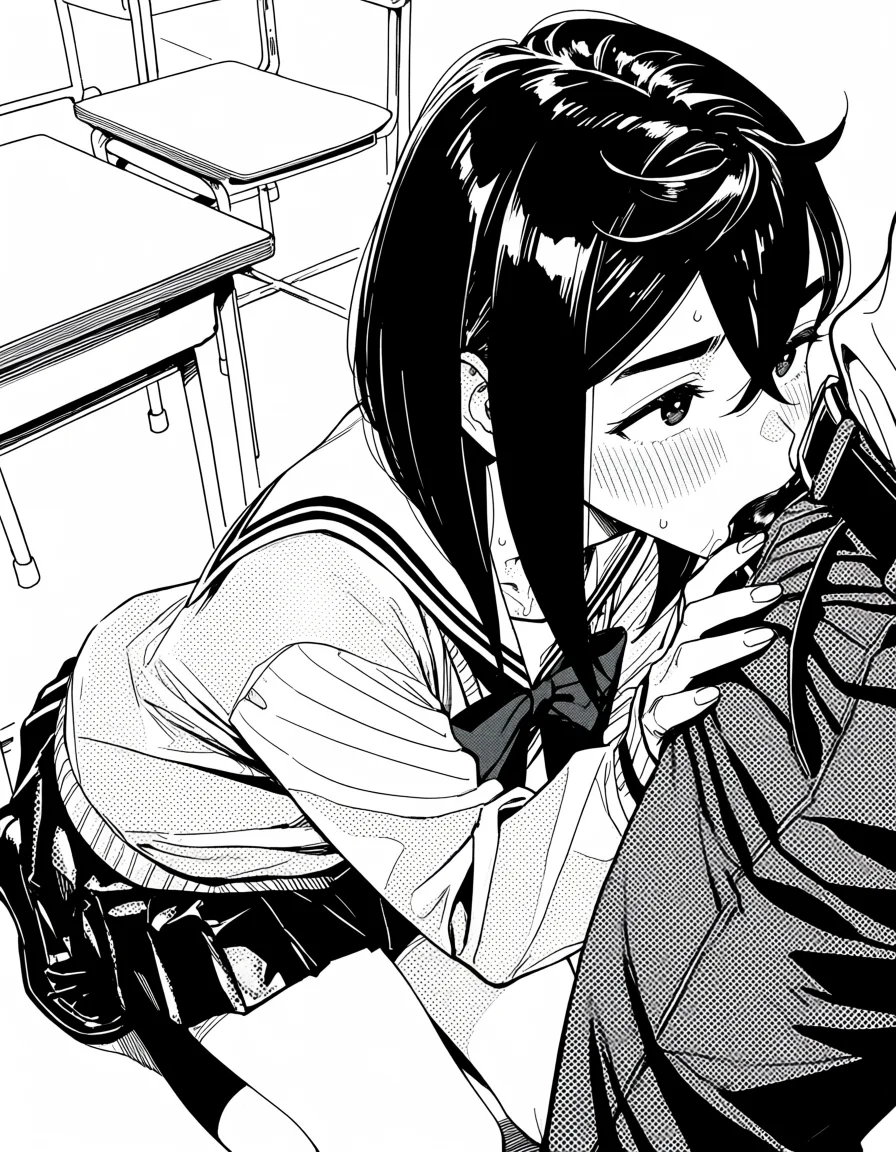 masterpiece, best quality, score_7, newest, manga, monochrome, greyscale, 1girl giving deepthroat to a man with a huge penis. classroom, kneeling, clothed_sex, ayase momo
optionaltypo_art_style, style_parody, (monochrome:1.7), (greyscale:1.7), screentone, halftone dots, ink hatching, bold black spotting, white background