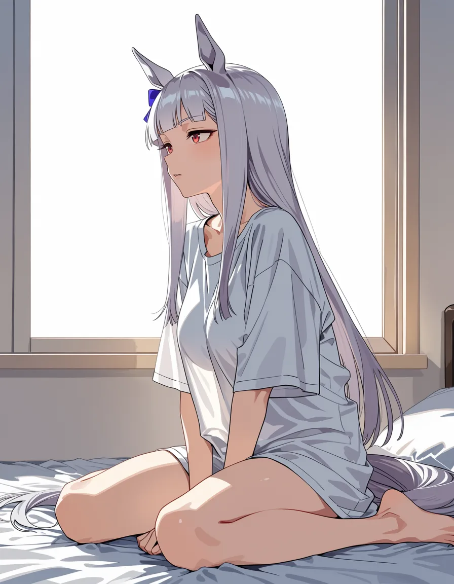 masterpiece, best quality, score_7, newest, anime screenshot, official art, 1girl, silver hair, red eyes, oversized shirt, sitting on the end of the bed, morning light, gold ship (umamusume), (flat color:1.3), hard cel shading, thin crisp lineart, high key daylight, vivid primary palette, bright clean background