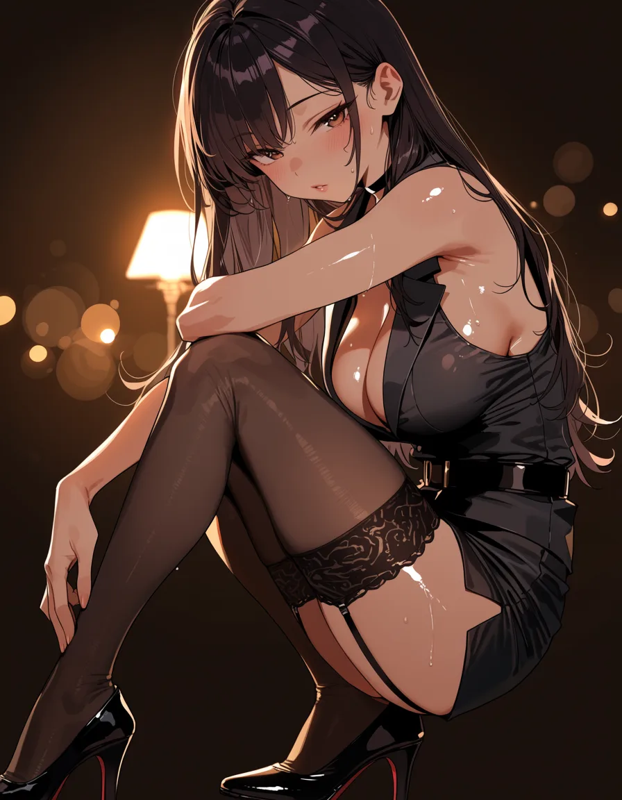 masterpiece, best quality, score_7, newest, highres, absurdres, anime coloring, Busty business woman wearing thighhighs and high heels, glossy shiny skin, wet highlights, (dim warm lighting:1.2), dramatic rim light, deep shadows, dark bokeh background, sensual mood