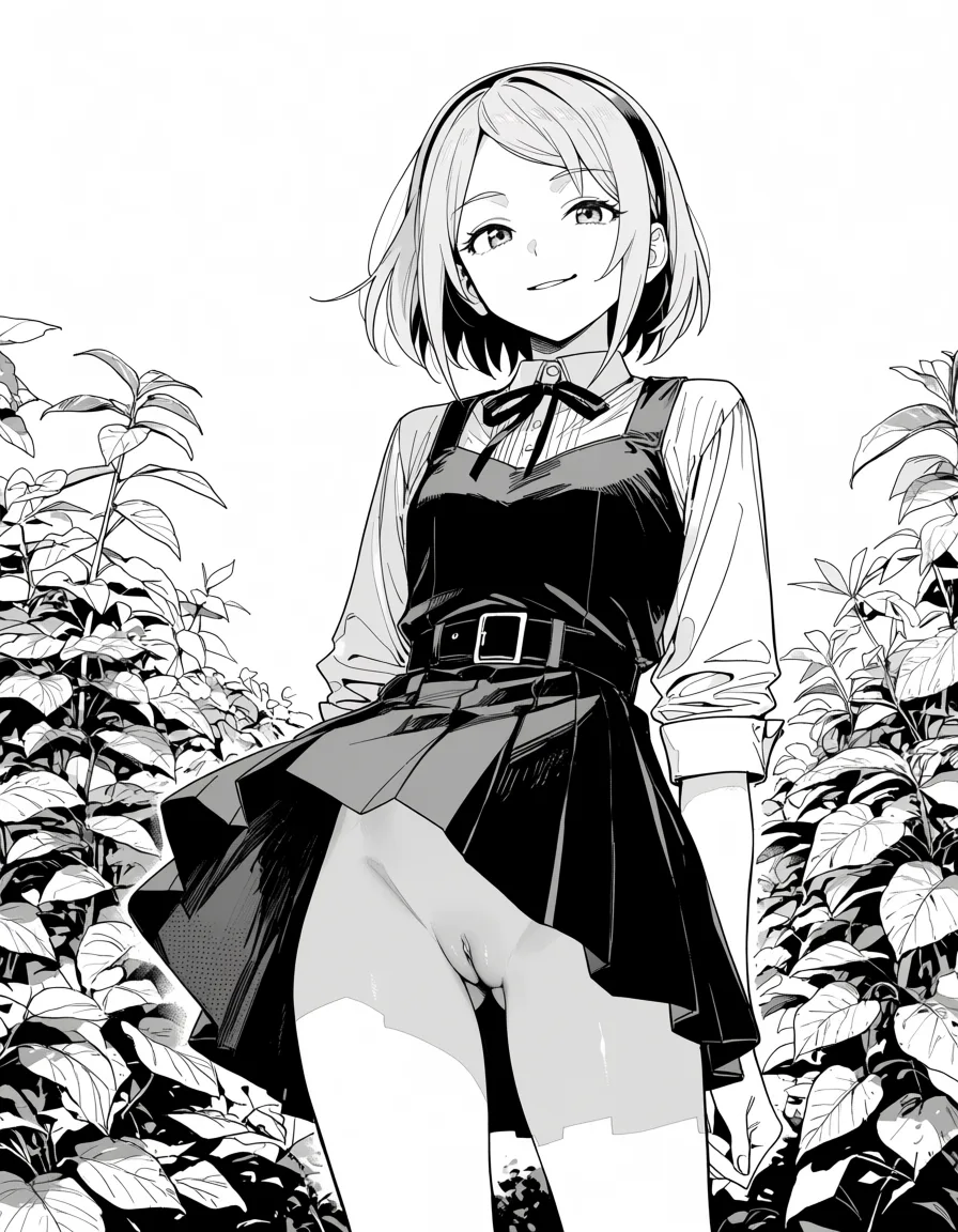 masterpiece, best quality, score_7, newest, manga, monochrome, greyscale, 1girl, haruno sakura , upskirt, shaved innie pussy, smirk, garden, (monochrome:1.7), (greyscale:1.7), screentone, halftone dots, ink hatching, bold black spotting, white background