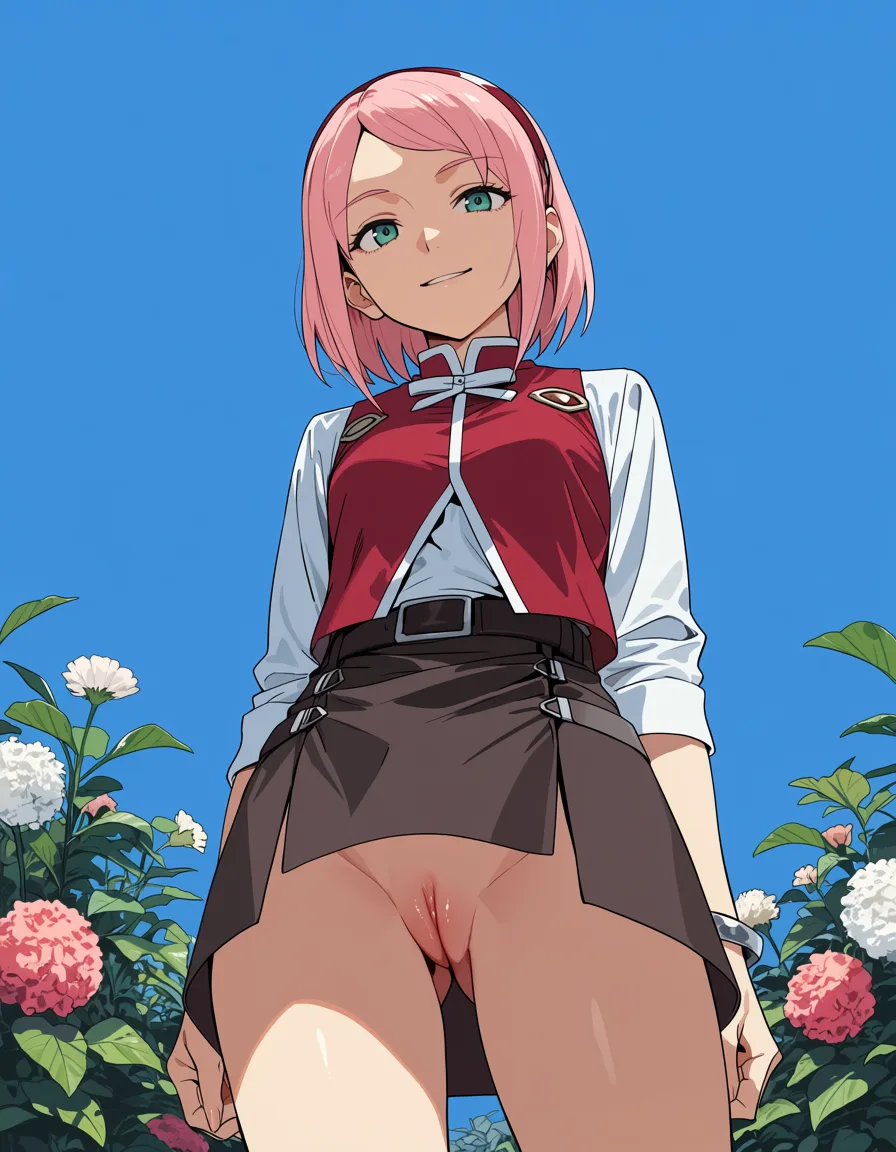 masterpiece, best quality, score_7, newest, anime screenshot, official art, 1girl, haruno sakura , upskirt, shaved innie pussy, smirk, garden, (flat color:1.3), hard cel shading, thin crisp lineart, high key daylight, vivid primary palette, bright clean background