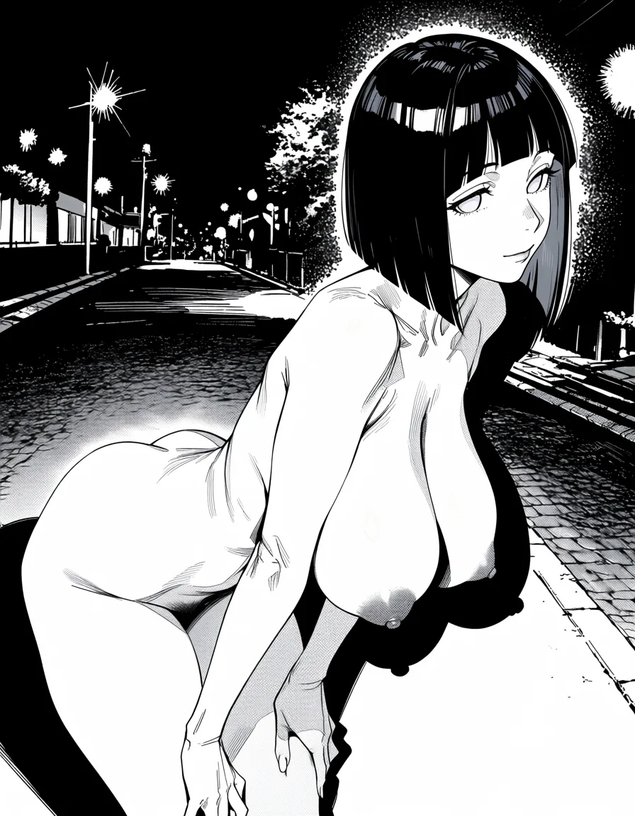 masterpiece, best quality, score_7, newest, manga, monochrome, greyscale, 1girl, nude, big ass, (huge_breasts),(mature_female),bob haircut,pale skin, art by  Kishimoto Masashi , intricate detail,photorealistic,realistic painting,high quality,(portrait),Exquisite hair details, exquisite eye details, exquisite face details,exquisite dark nipple details,exquisite pubes details,exquisite pale skin details,pubes,dark nipple,street background,boruto movie anime style,(sideways_glance) ,(wallwalking),18 years old,(sagging_breasts) , Body under the spotlight,(legs_apart) ,(from_side) ,disheveled hair, night,(exhibitionism) ,(zenra) ,hand on leg,saluting waving hand to say hello ,milf, hyuuga hinata, (monochrome:1.7), (greyscale:1.7), screentone, halftone dots, ink hatching, bold black spotting, white background