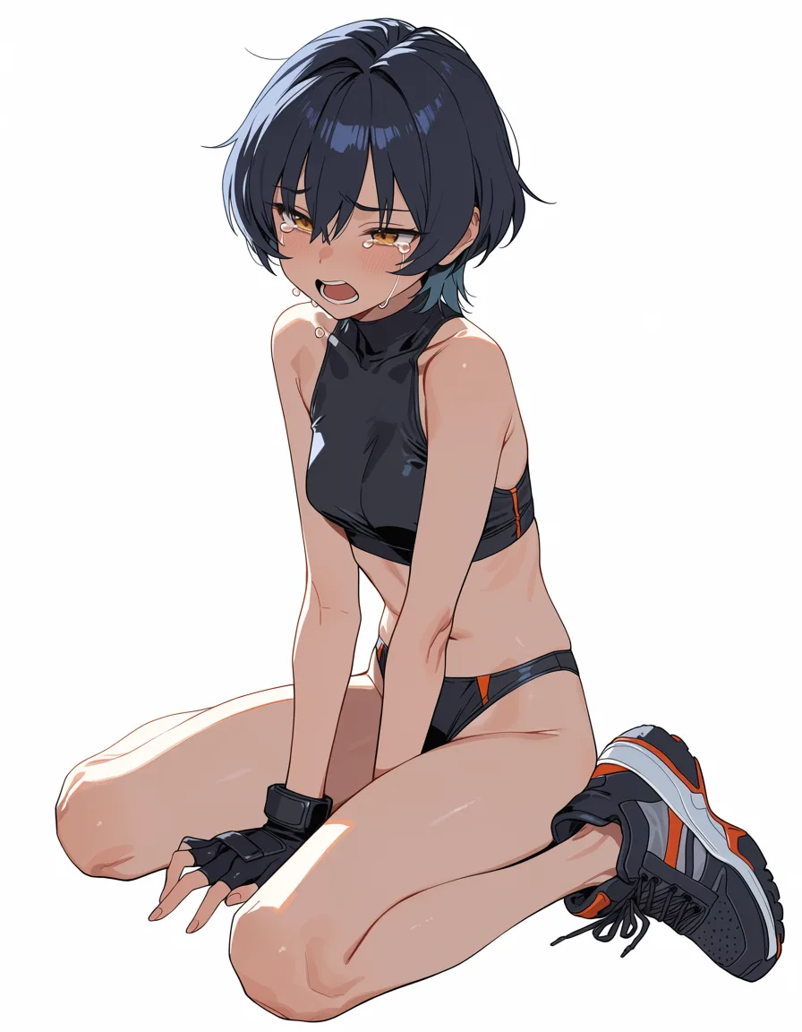 masterpiece, best quality, score_7, newest, anime screenshot, official art, Skinny, anal, short_hair, crying_with_eyes_open, open_mouth, sneakers, fingerless_gloves, small_breasts ,, (flat color:1.3), hard cel shading, thin crisp lineart, high key daylight, vivid primary palette, bright clean background
