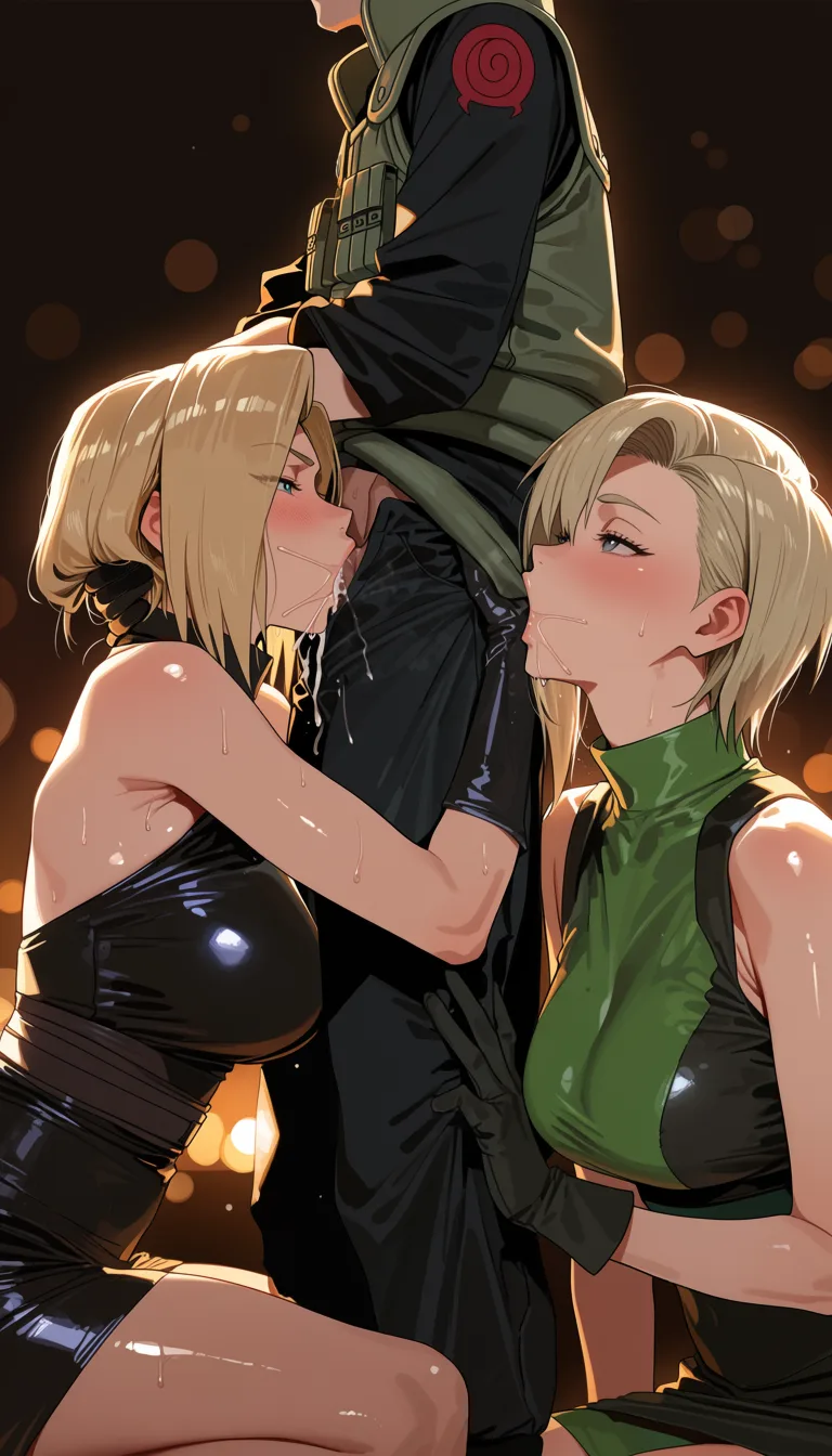 masterpiece, best quality, score_7, newest, highres, absurdres, anime coloring, 1boy, 2girls, bright lighting, ino yamanaka, shego, blonde hair, costume, deepthroat fellatio on uzumaki naruto dutch_angle from_behind ejaculation, glossy shiny skin, wet highlights, (dim warm lighting:1.2), dramatic rim light, deep shadows, dark bokeh background, sensual mood