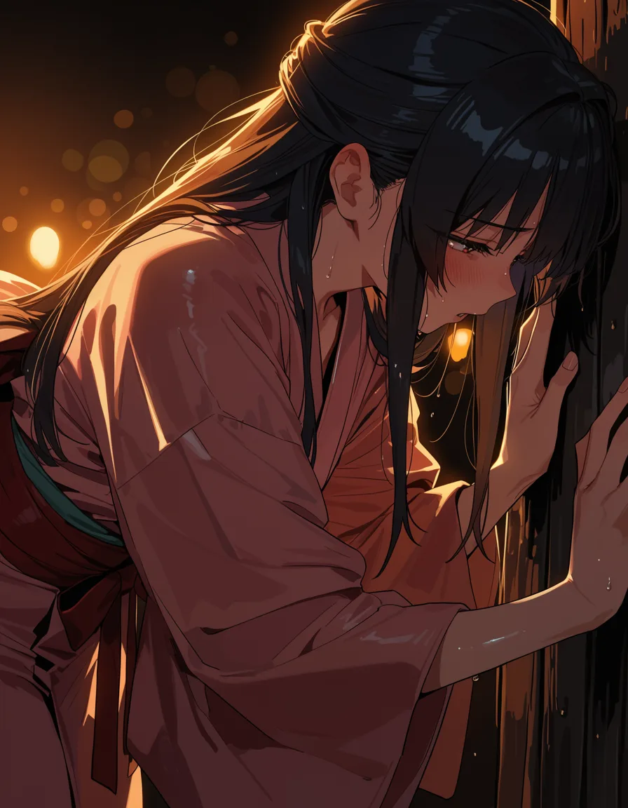 masterpiece, best quality, score_7, newest, highres, absurdres, anime coloring, highres, vivid, multiple girls, japanese clothes, bent over, intense passion, medium shot, vivid anime colors, glossy shiny skin, wet highlights, (dim warm lighting:1.2), dramatic rim light, deep shadows, dark bokeh background, sensual mood
