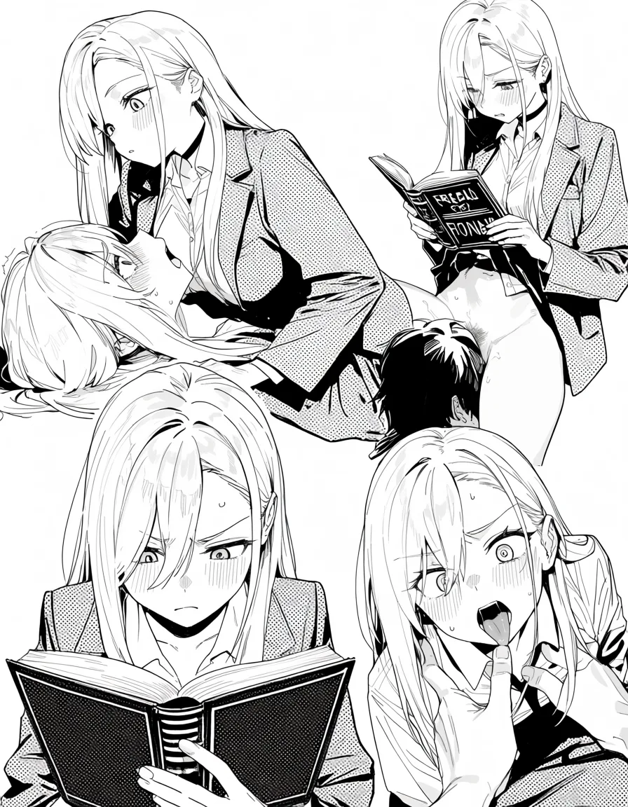 masterpiece, best quality, score_7, newest, manga, monochrome, greyscale, black and white manga, Celia pinning Agnes, Agnes lifting head and starting to lick Celia's pussy, Celia surprised and disgusted, Formi reading, lineart, (monochrome:1.7), (greyscale:1.7), screentone, halftone dots, ink hatching, bold black spotting, white background