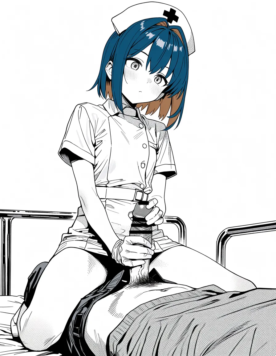 masterpiece, best quality, score_7, newest, manga, monochrome, greyscale, masterpiece, best quality, flat color, nurse, handjob, short blue hair with brown highlights, bare legs, white gloves, hospital, (monochrome:1.7), (greyscale:1.7), screentone, halftone dots, ink hatching, bold black spotting, white background