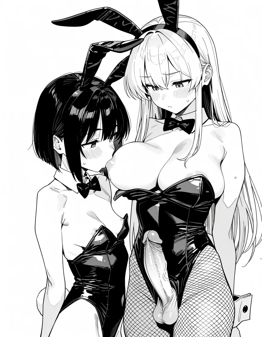 masterpiece, best quality, score_7, newest, manga, monochrome, greyscale, masterpiece, best quality, uncensored, futanari with female, playboy bunny, short haired female, long haired futanari, small breast futa, large breast female, breast sucking, erection, (monochrome:1.7), (greyscale:1.7), screentone, halftone dots, ink hatching, bold black spotting, white background