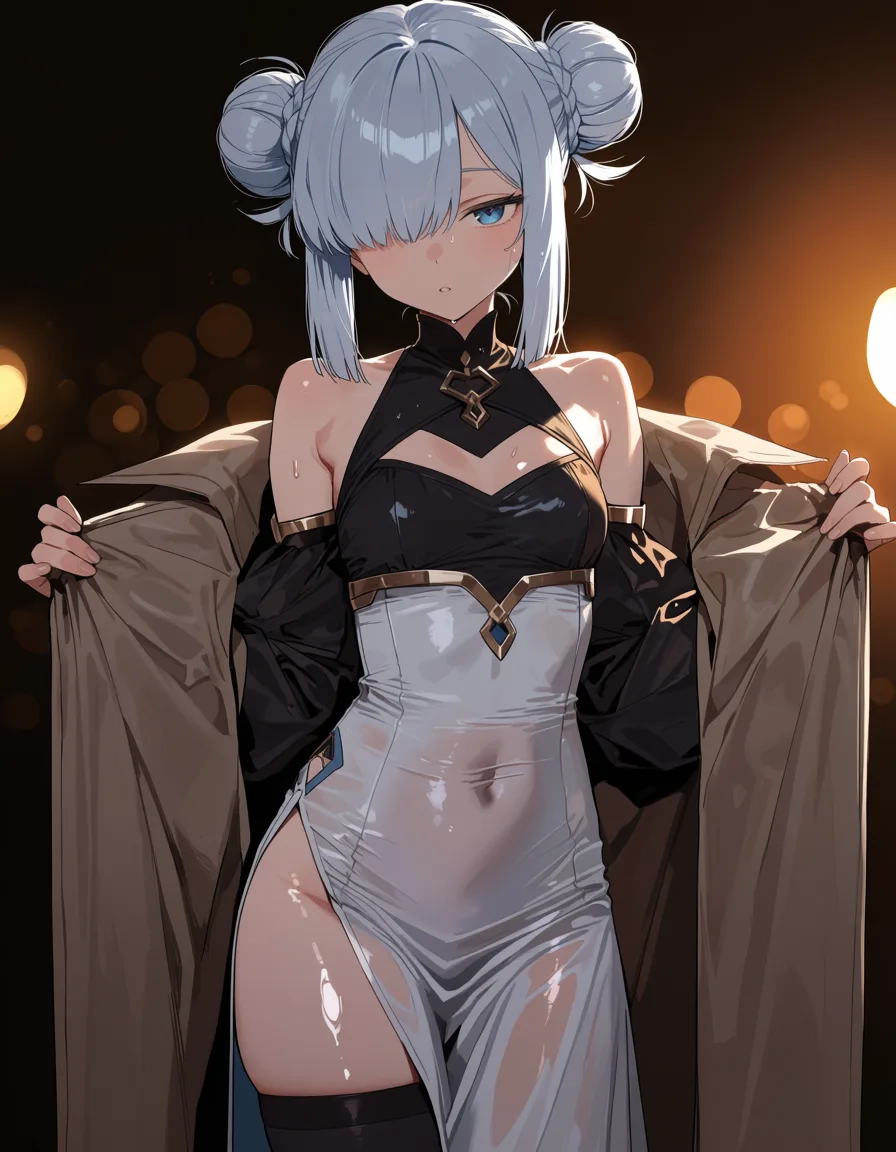 masterpiece, best quality, score_7, newest, highres, absurdres, anime coloring, white light blue hair,single hair bun,blue eyes,parted bangs,hair over one eye,braid,brown cloak,black shirt,detached sleeves, (covered navel:0.8),white dress,side slit,black thighhighs,halterneck,bare shoulders,high-waist skirt, glossy shiny skin, wet highlights, (dim warm lighting:1.2), dramatic rim light, deep shadows, dark bokeh background, sensual mood