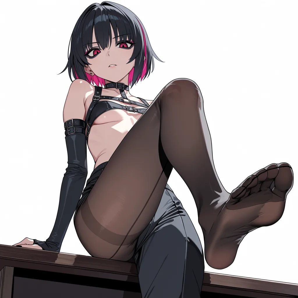 masterpiece, best quality, score_7, newest, anime screenshot, official art, High, multicolored_hair, short_hair, goth makeup, arm_under_breasts, small_breasts, average body types, nude , official pants, pantyhose, set on table, from_below, foot_focus, simple_background, dominating view, legs_up, (flat color:1.3), hard cel shading, thin crisp lineart, high key daylight, vivid primary palette, bright clean background