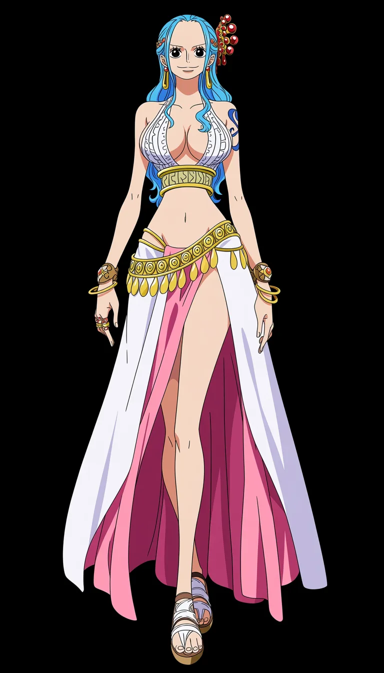 masterpiece, best quality, score_7, newest, anime screenshot, official art, Vivi Nefertari, (One Piece style:1.5), (full body in frame:1.5), beautiful smile, gentle soft expression, standing, sexy pose, front view, (black background:1.8), long legs, small ornate red-and-gold hair accessory on the right side, gold-and-red earrings, white pleated bodice with gold ornamental bands and crisscrossing gold belts around the waist, a large white skirt, pink over skirt with deep folds, multiple ornate gold bracelets and bangles on both wrists, several decorative rings, simple white open-toed sandals, (flat color:1.3), hard cel shading, thin crisp lineart, high key daylight, vivid primary palette, bright clean background