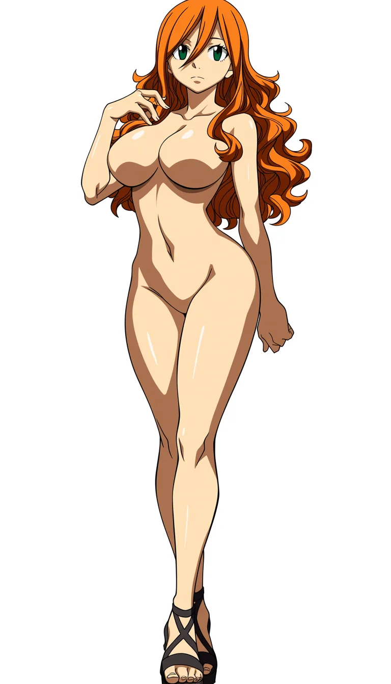 masterpiece, best quality, score_7, newest, anime screenshot, official art, Fairy Tail style, black blackground, long wavy ginger hair, green eyes, hourglass body, nude, high heel sandals,, (flat color:1.3), hard cel shading, thin crisp lineart, high key daylight, vivid primary palette, bright clean background