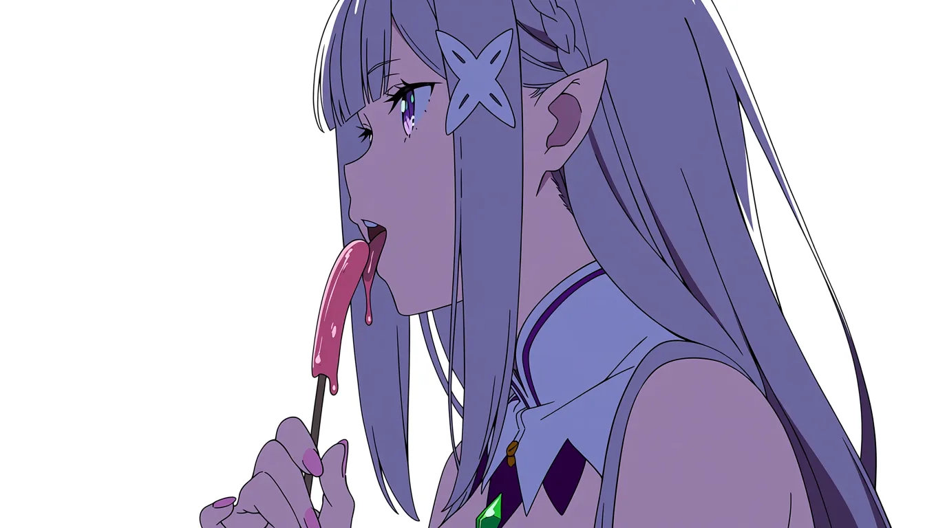 masterpiece, best quality, score_7, newest, anime screenshot, official art, 1girl, emilia (re:zero) fellatio by boy, (flat color:1.3), hard cel shading, thin crisp lineart, high key daylight, vivid primary palette, bright clean background