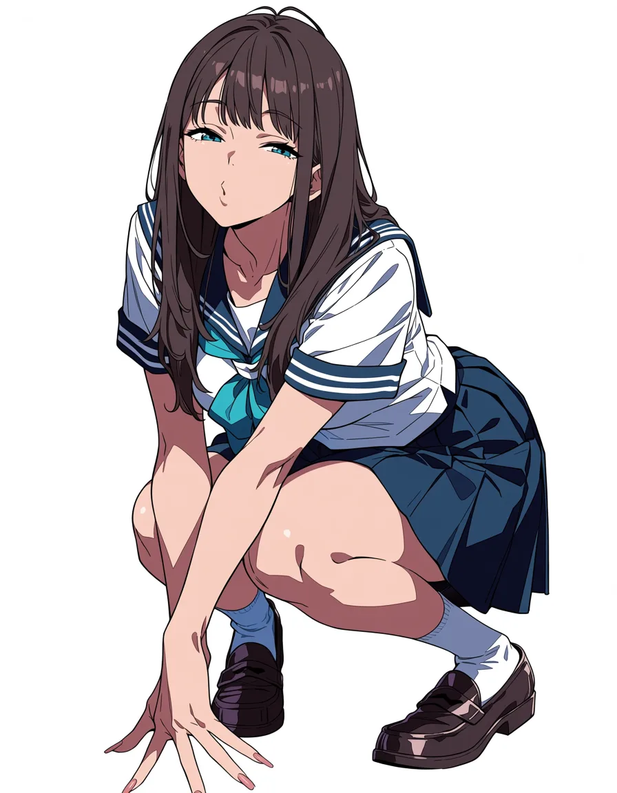masterpiece, best quality, score_7, newest, anime screenshot, official art, 1girl, highres, sharp lines, brunette woman, socks, blowjob, anime style, hatsune miku, (flat color:1.3), hard cel shading, thin crisp lineart, high key daylight, vivid primary palette, bright clean background