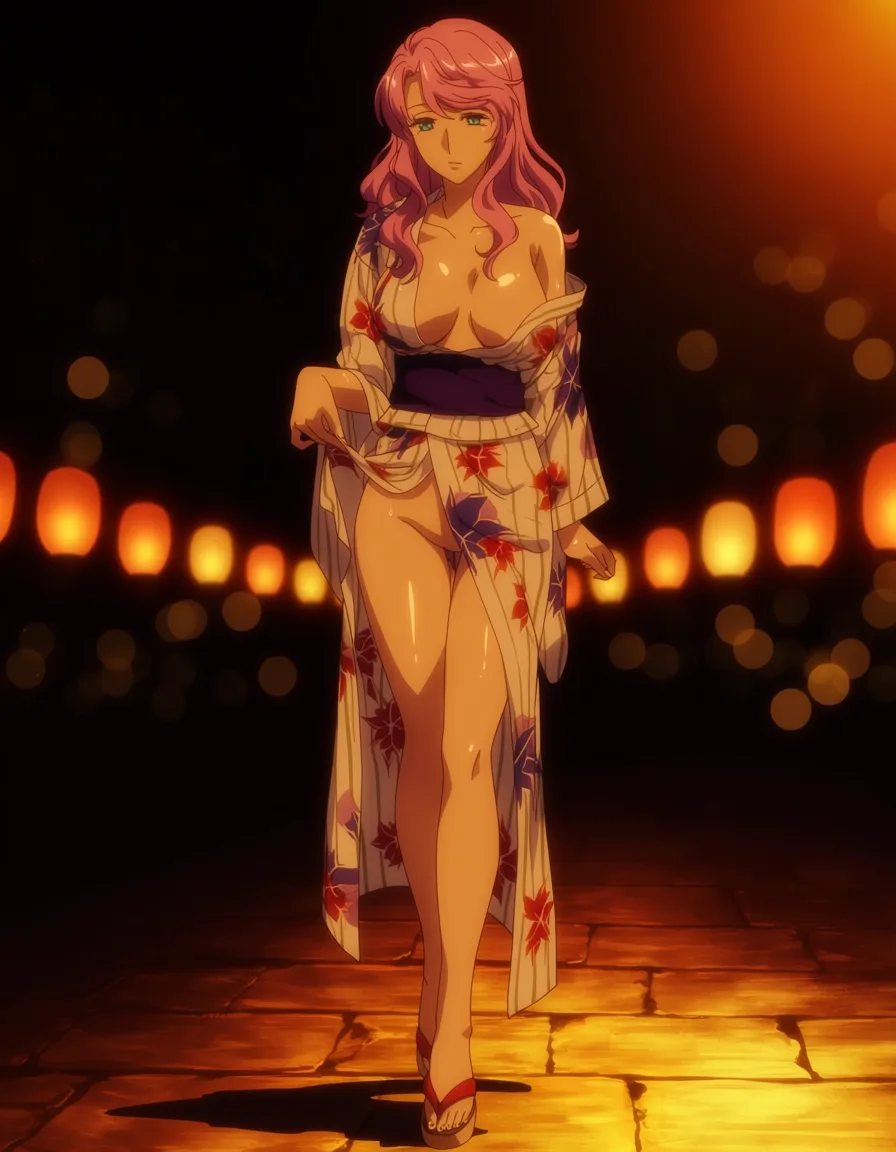 masterpiece, best quality, score_7, newest, highres, absurdres, anime coloring, Vanessa enoteca wearing revealing yukata and wedge heel sandals,, glossy shiny skin, wet highlights, (dim warm lighting:1.2), dramatic rim light, deep shadows, dark bokeh background, sensual mood