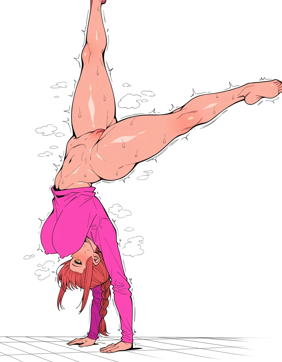 masterpiece, best quality, score_7, newest, anime screenshot, official art, Makima from chainsaw man, solo, (perfect handstand: 1.2), upside down, (splits, wide splitting legs: 1.3), very loose top clothes, (exposed breast: 1.2), visible breast, bottomless, no panty, exposed pussy, perfect breast, pink erect nipples, barefoot, excessive sweats, hot steam breath, steamy body, shaking motion lines, sweaty, sweaty thighs, (side view: 1.2), trembling, perfect thighs, rounded ass, (arched back: 1.2), gymnasium, detailed face, ultra detailed, ultra highres, 8k, amazing quality, (perfect anatomy: 1.2), (((spread legs))), high quality, pussy fuck, (flat color:1.3), hard cel shading, thin crisp lineart, high key daylight, vivid primary palette, bright clean background