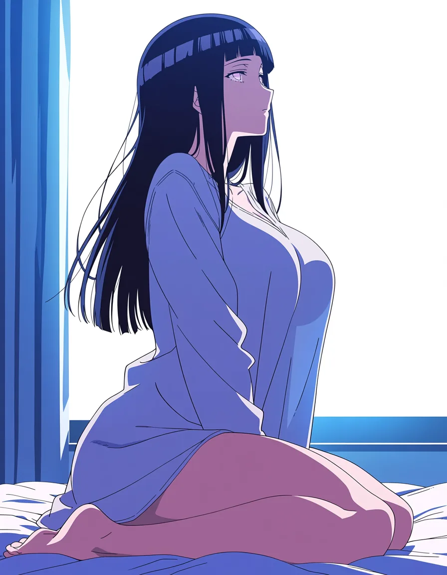 masterpiece, best quality, score_7, newest, anime screenshot, official art, 1girl, silver hair, red eyes, oversized shirt, sitting on the end of the bed, morning light, hyuuga hinata large_breasts, (flat color:1.3), hard cel shading, thin crisp lineart, high key daylight, vivid primary palette, bright clean background