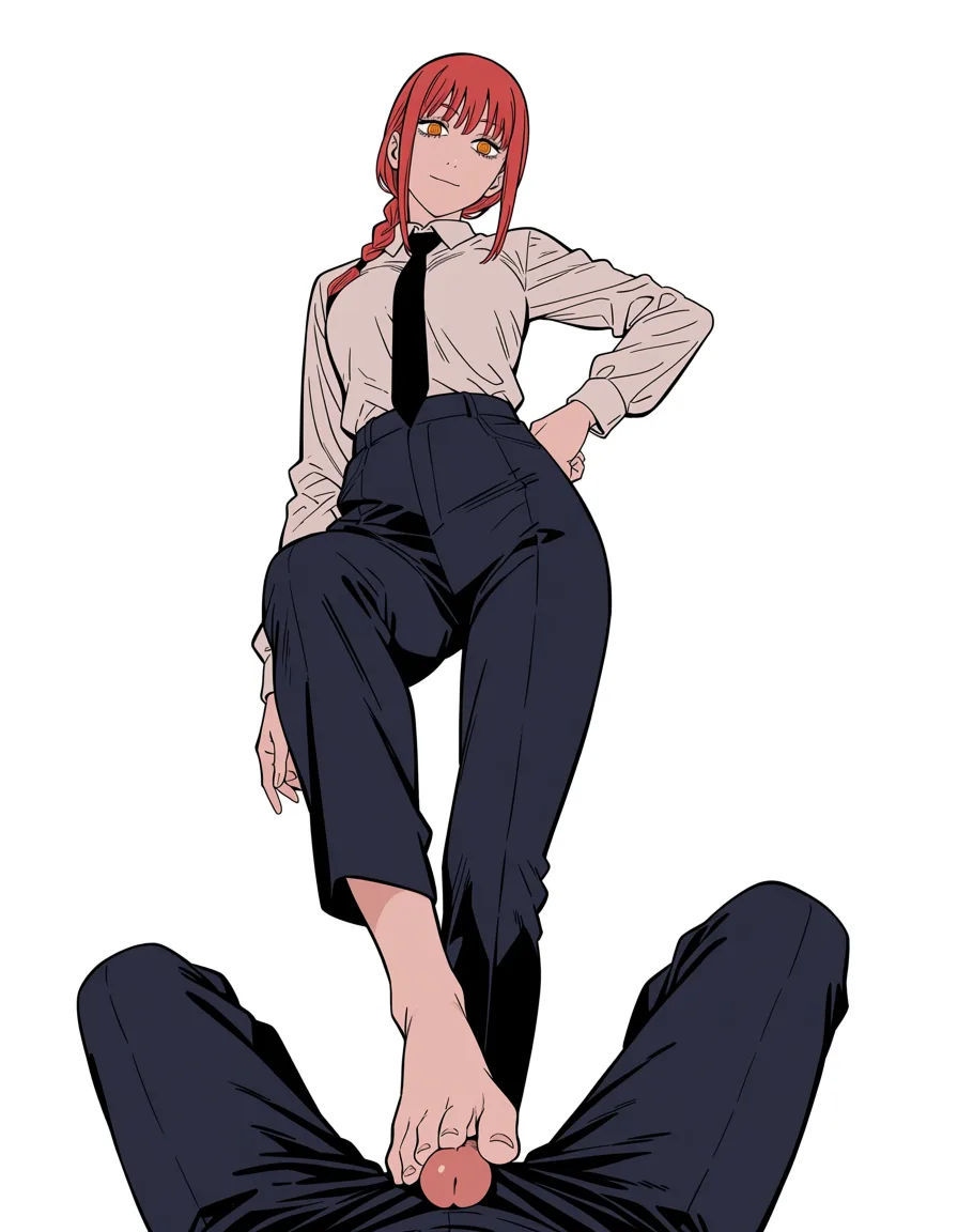 masterpiece, best quality, score_7, newest, anime screenshot, official art, 1girl, makima (chainsaw man) femdom,footjob, (flat color:1.3), hard cel shading, thin crisp lineart, high key daylight, vivid primary palette, bright clean background