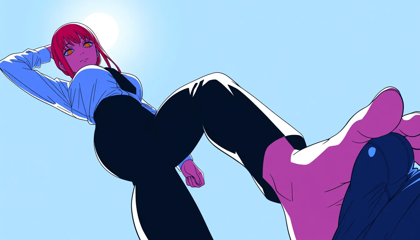 masterpiece, best quality, score_7, newest, anime screenshot, official art, 1girl, makima (chainsaw man),femdom,footjob, (flat color:1.3), hard cel shading, thin crisp lineart, high key daylight, vivid primary palette, bright clean background