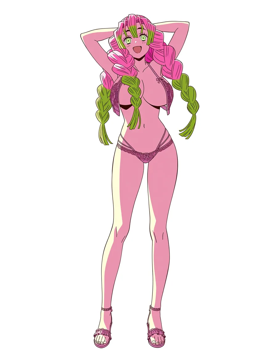 masterpiece, best quality, score_7, newest, anime screenshot, official art, 1girl, kanroji mitsuri wearing open bra lingerie and high heel sandals with arms behind head, (flat color:1.3), hard cel shading, thin crisp lineart, high key daylight, vivid primary palette, bright clean background