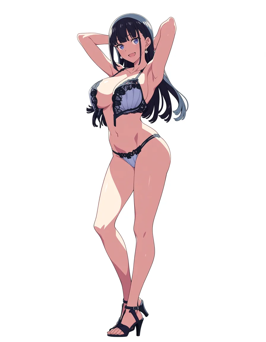 masterpiece, best quality, score_7, newest, anime screenshot, official art, 1girl, kei karuizawa wearing open bra lingerie and high heel sandals with arms behind head, (flat color:1.3), hard cel shading, thin crisp lineart, high key daylight, vivid primary palette, bright clean background