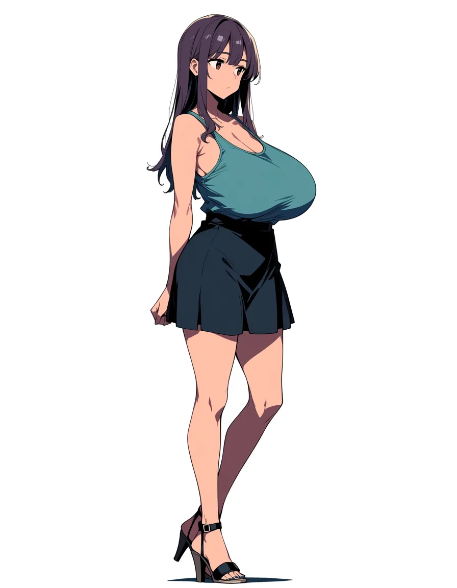 masterpiece, best quality, score_7, newest, anime screenshot, official art, Milf house with sagging breasts wearing tank top and a skirt and high heel sandals, (flat color:1.3), hard cel shading, thin crisp lineart, high key daylight, vivid primary palette, bright clean background