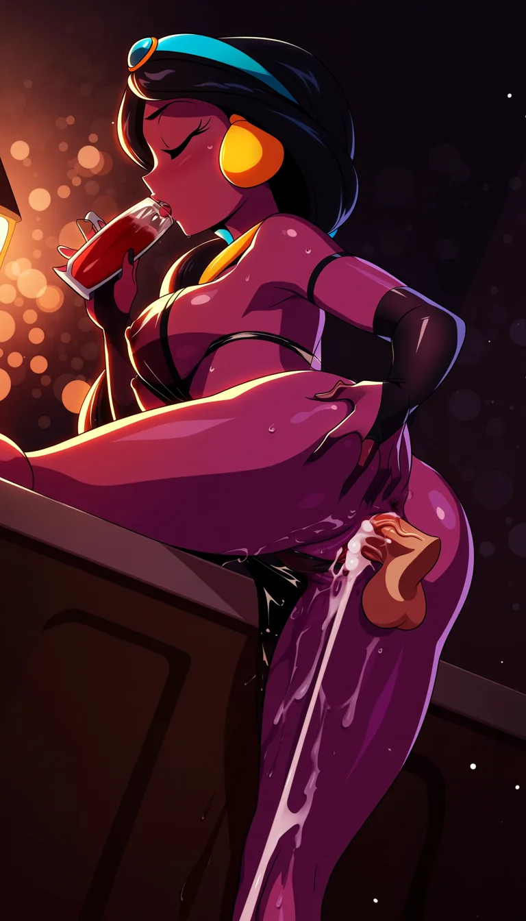 masterpiece, best quality, score_7, newest, highres, absurdres, anime coloring, morning sunshine, kitchen, purple skin android 18, black see-through silk clothing, revealing_clothes, see-through_clothes, sex_from_behind, breasts out, fucked from behind by son goku, cum inside, moaning, kissing, Disneys princess jasmine (Aladdin), pussy_juice, blonde hair, doggystyle, grabbing_from_behind, grabbing_another's_breast, dutch_angle, leg lifted, anus, spread ass, fucked in pussy, smaller breasts 2, glossy shiny skin, wet highlights, (dim warm lighting:1.2), dramatic rim light, deep shadows, dark bokeh background, sensual mood