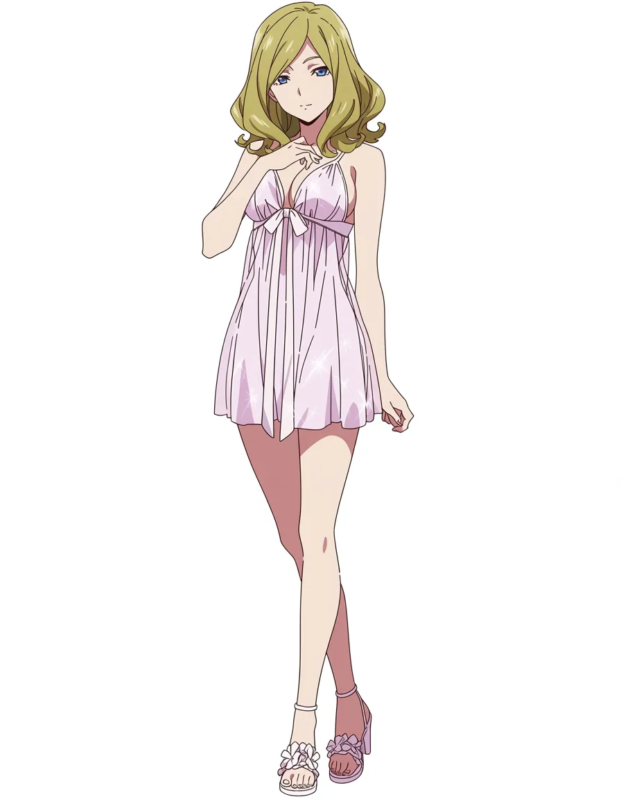 masterpiece, best quality, score_7, newest, anime screenshot, official art, 1other, milly ashford wearing silk nightgown and high heel sandals, (flat color:1.3), hard cel shading, thin crisp lineart, high key daylight, vivid primary palette, bright clean background